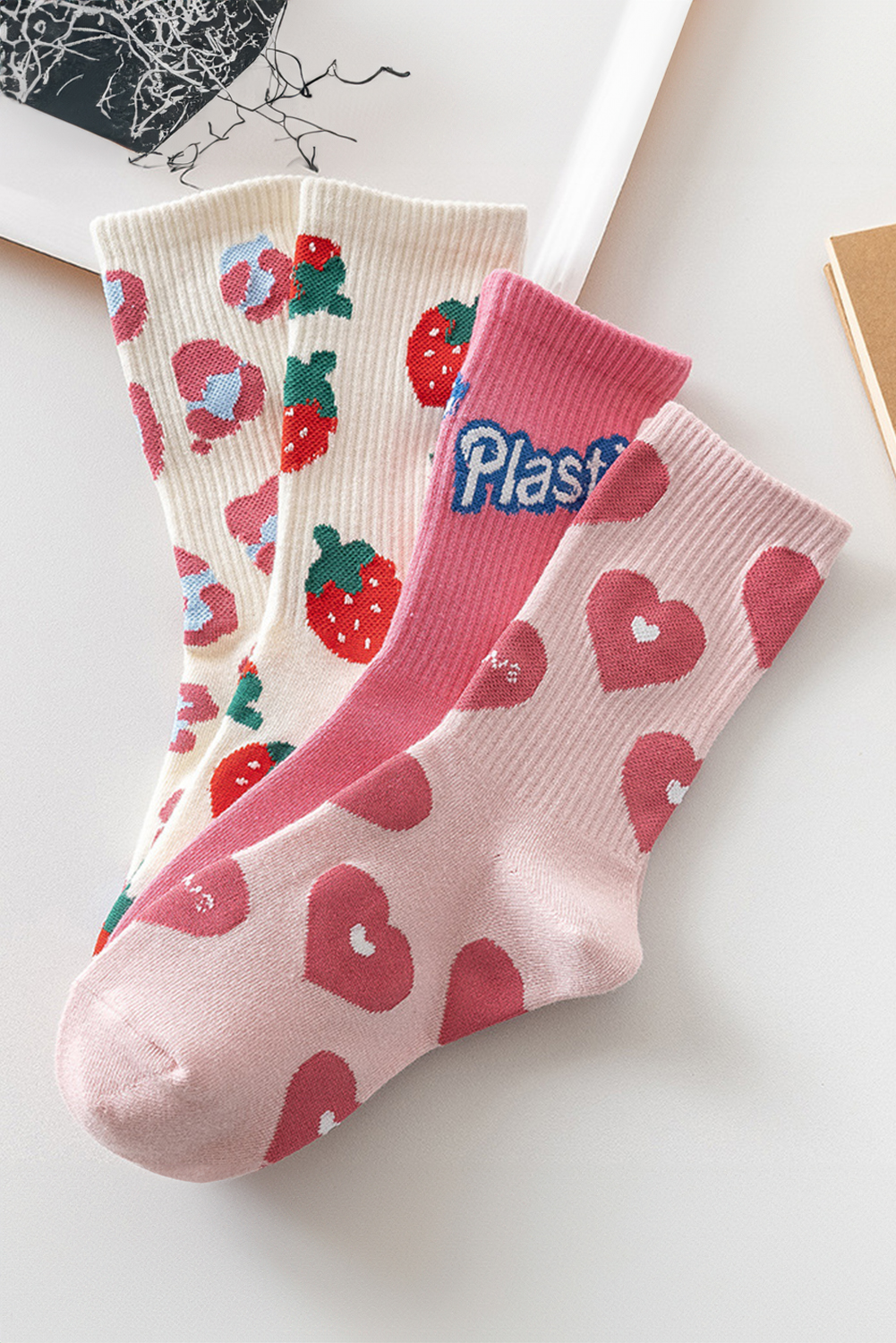 Light Pink Heart Print Ribbed Trim Soft Crew Socks - loveforevers