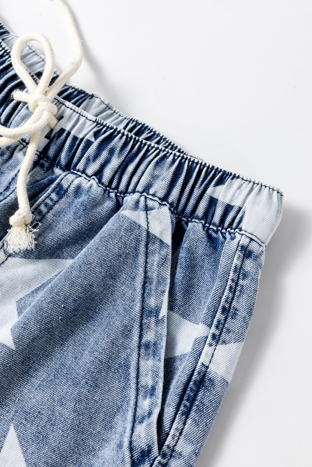 Light Blue Star Print Light Wash Drawstring Elastic Waistband Wide Leg Jeans - loveforevers