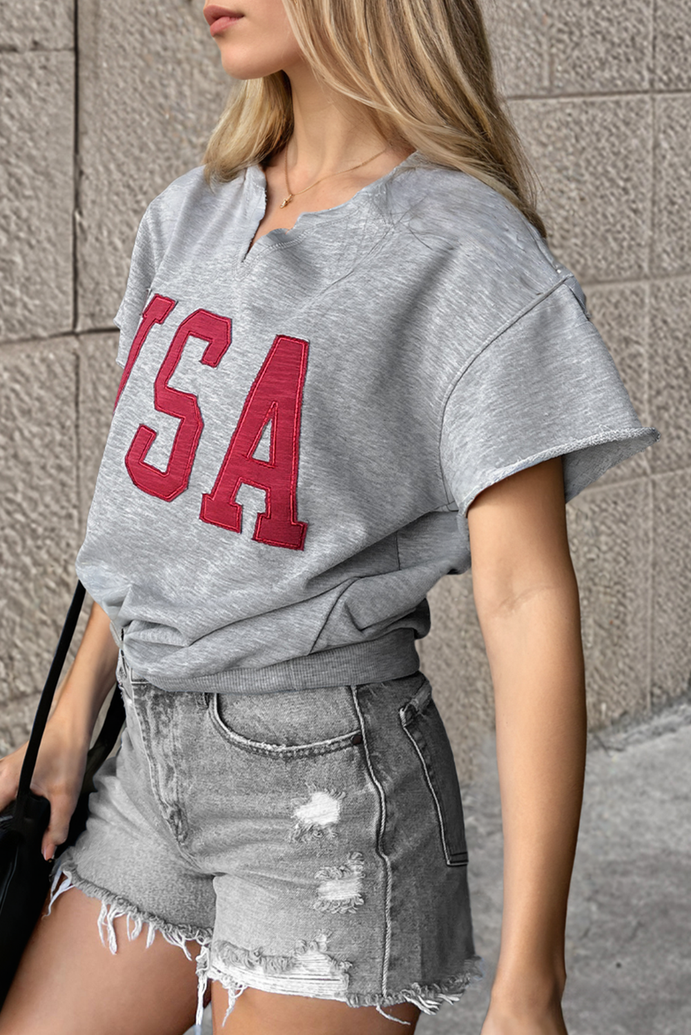 Light Grey USA Lettering Patch Notched Neck Loose Tee - loveforevers