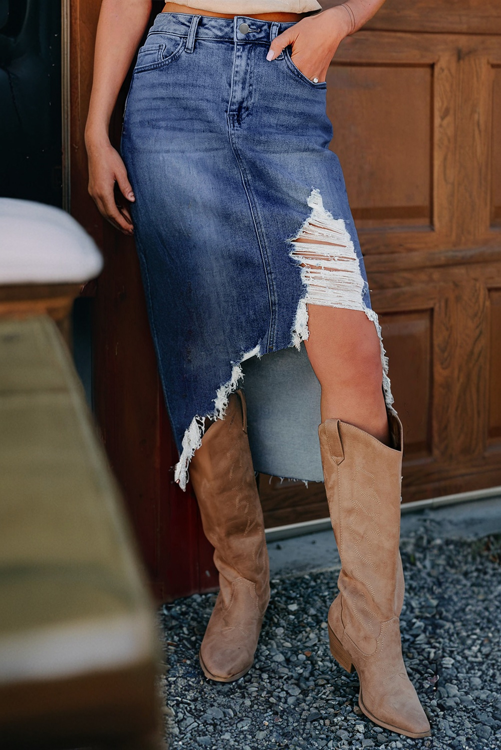 Sail Blue Dearlove Irregular Distressed Bottom Denim Midi Skirt - loveforevers