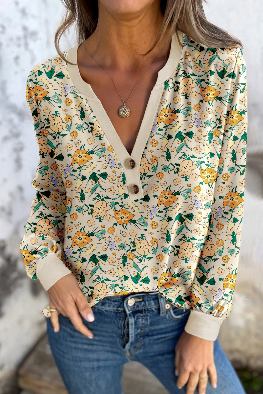 Khaki Floral Print Button Notched V Neck Long Sleeve Top - loveforevers