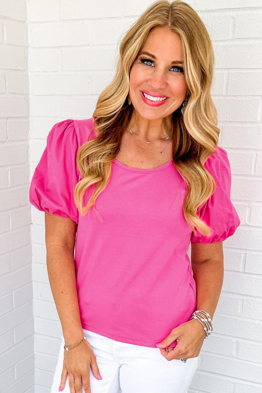 Strawberry Pink Casual Round Neck Bubble Sleeve T-shirt - loveforevers