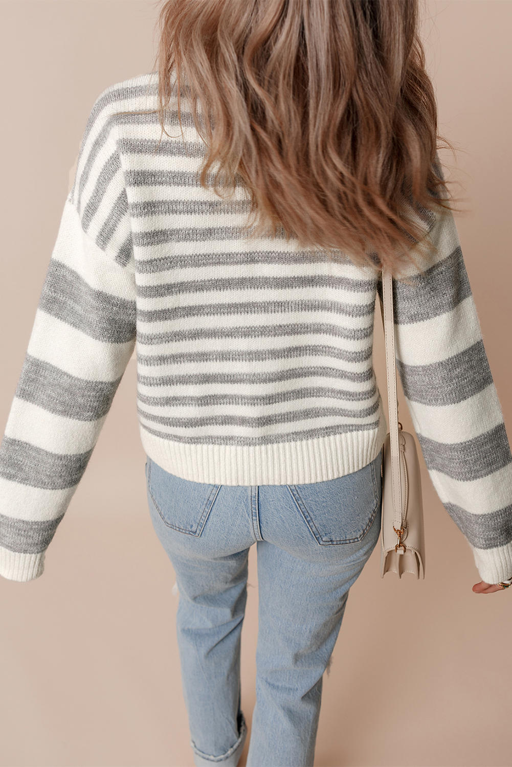 Gray Stripe Drop Shoulder Crew Neck Sweater - loveforevers