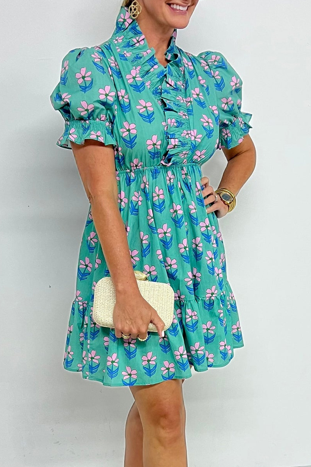 Green Floral Print Frilly Smocked Detail High Waist Mini Dress - loveforevers