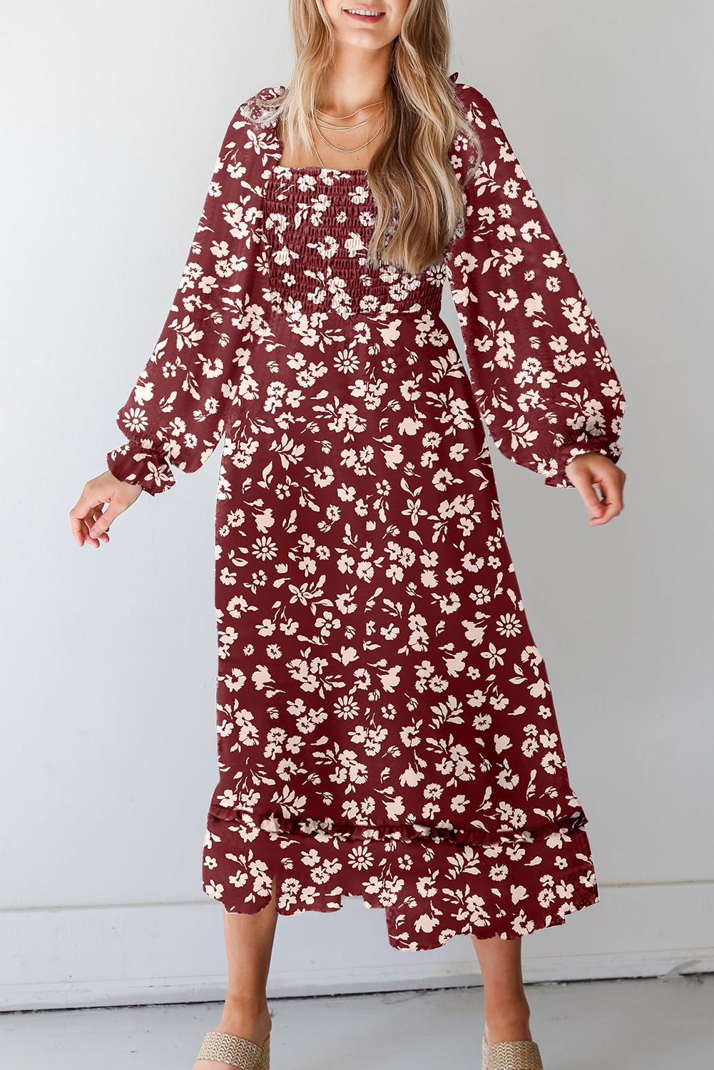 Red Floral Print Long Sleeve Square Neck Smocked Maxi Dress - loveforevers