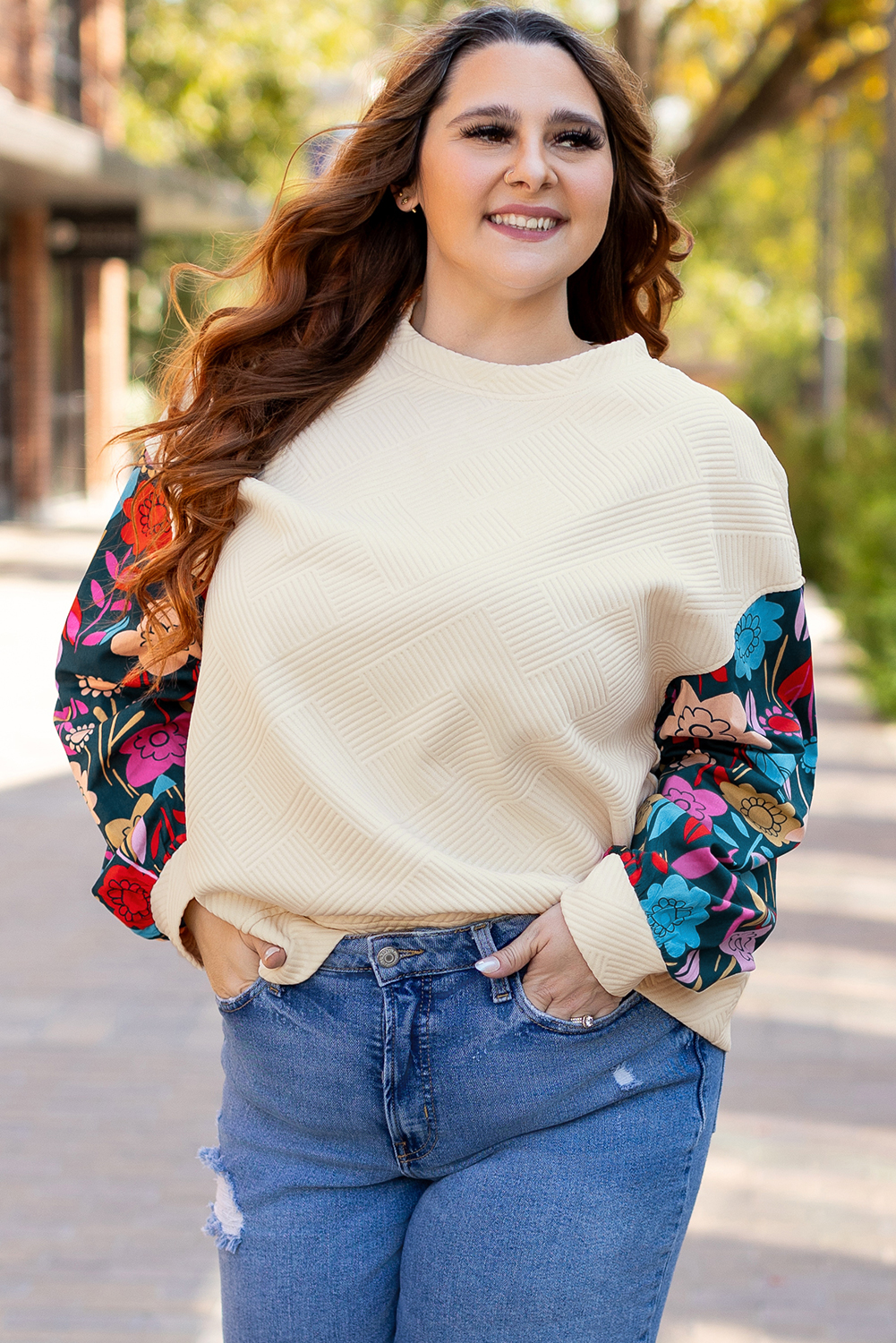White Floral Patchwork Sleeve Textured Plus Size Pullover Top - loveforevers