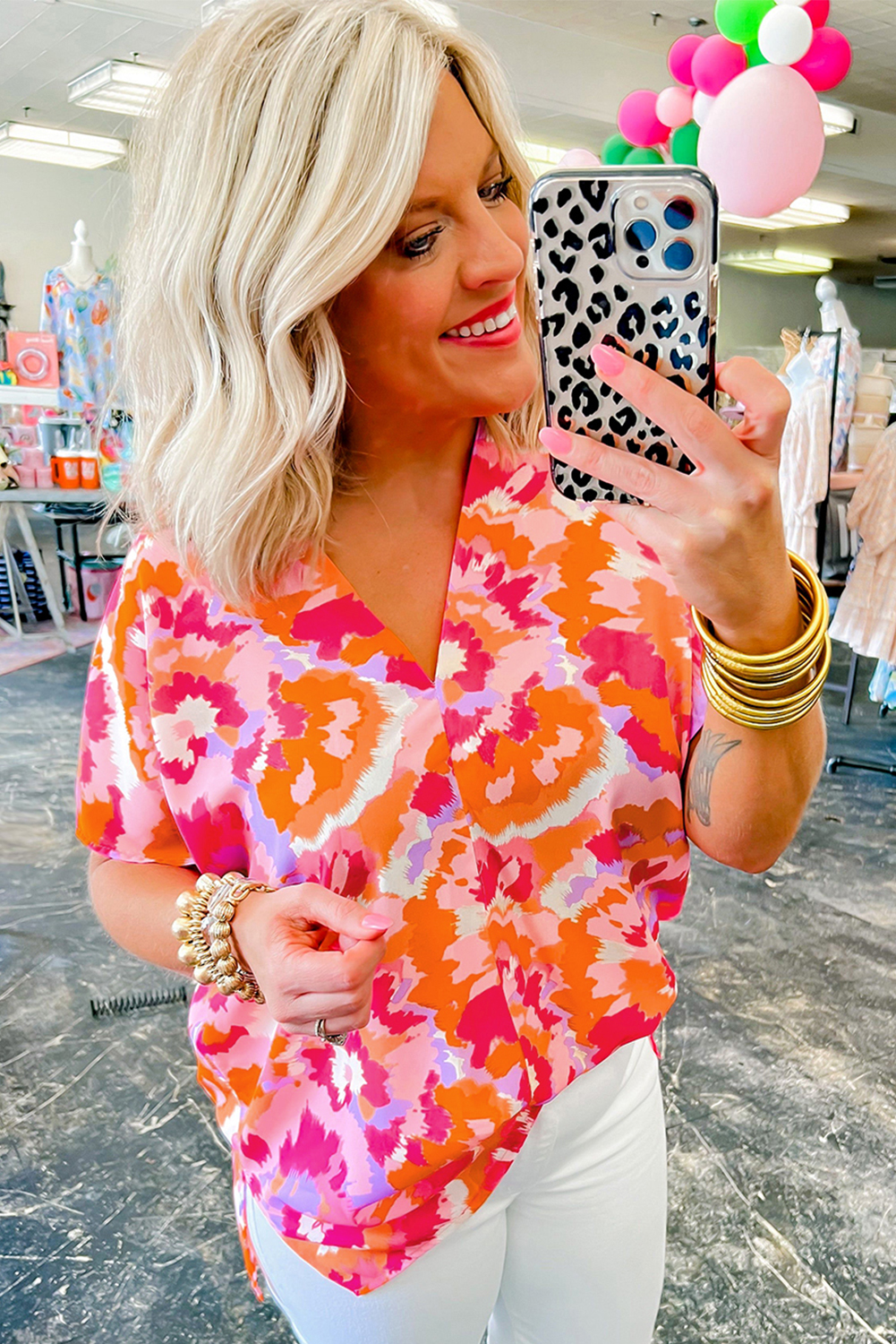 Rose Red Abstract Print V Neck Summer Blouse - loveforevers