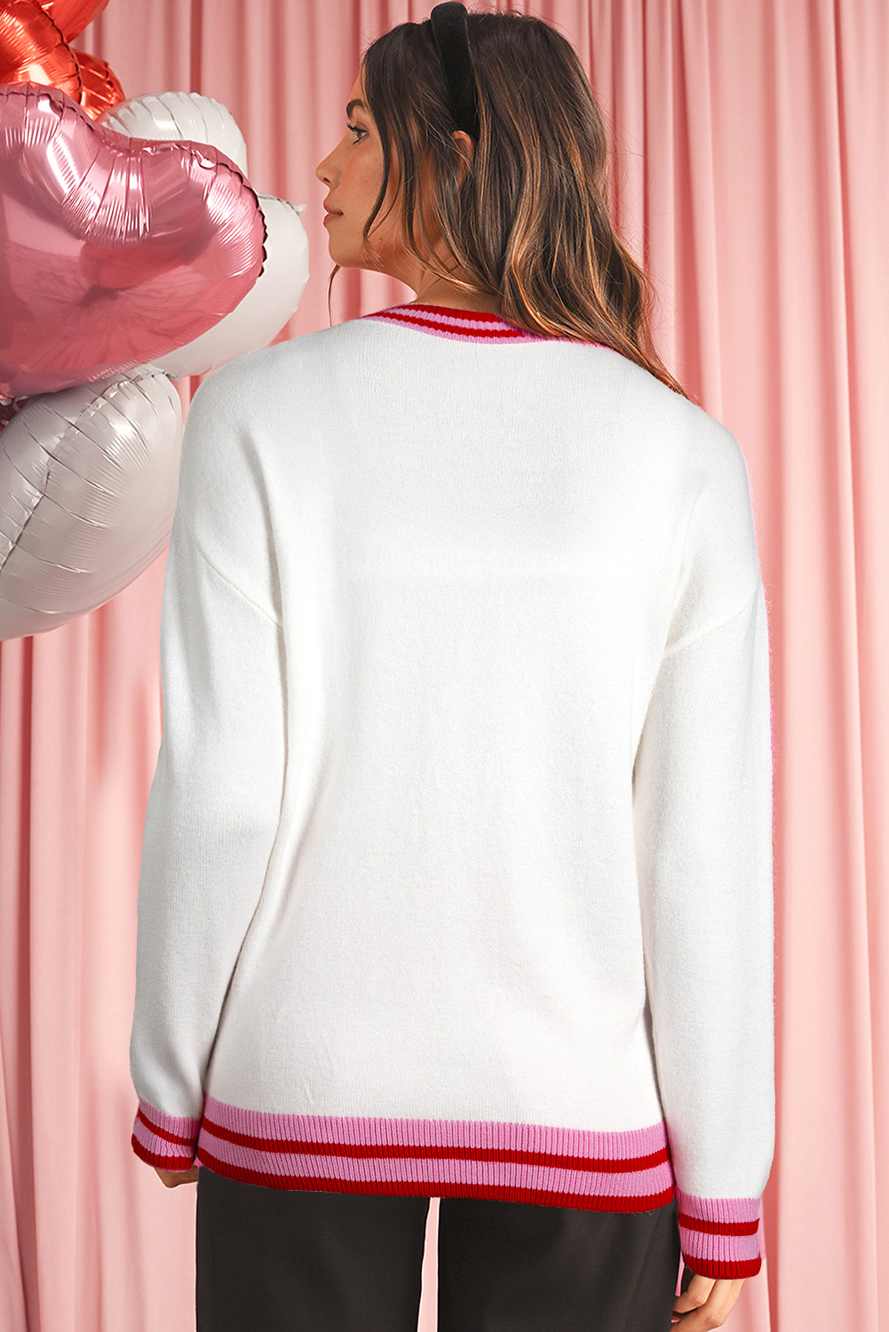 White Striped Trim Bow Graphic Round Neck Drop Shoulder Sweater - loveforevers