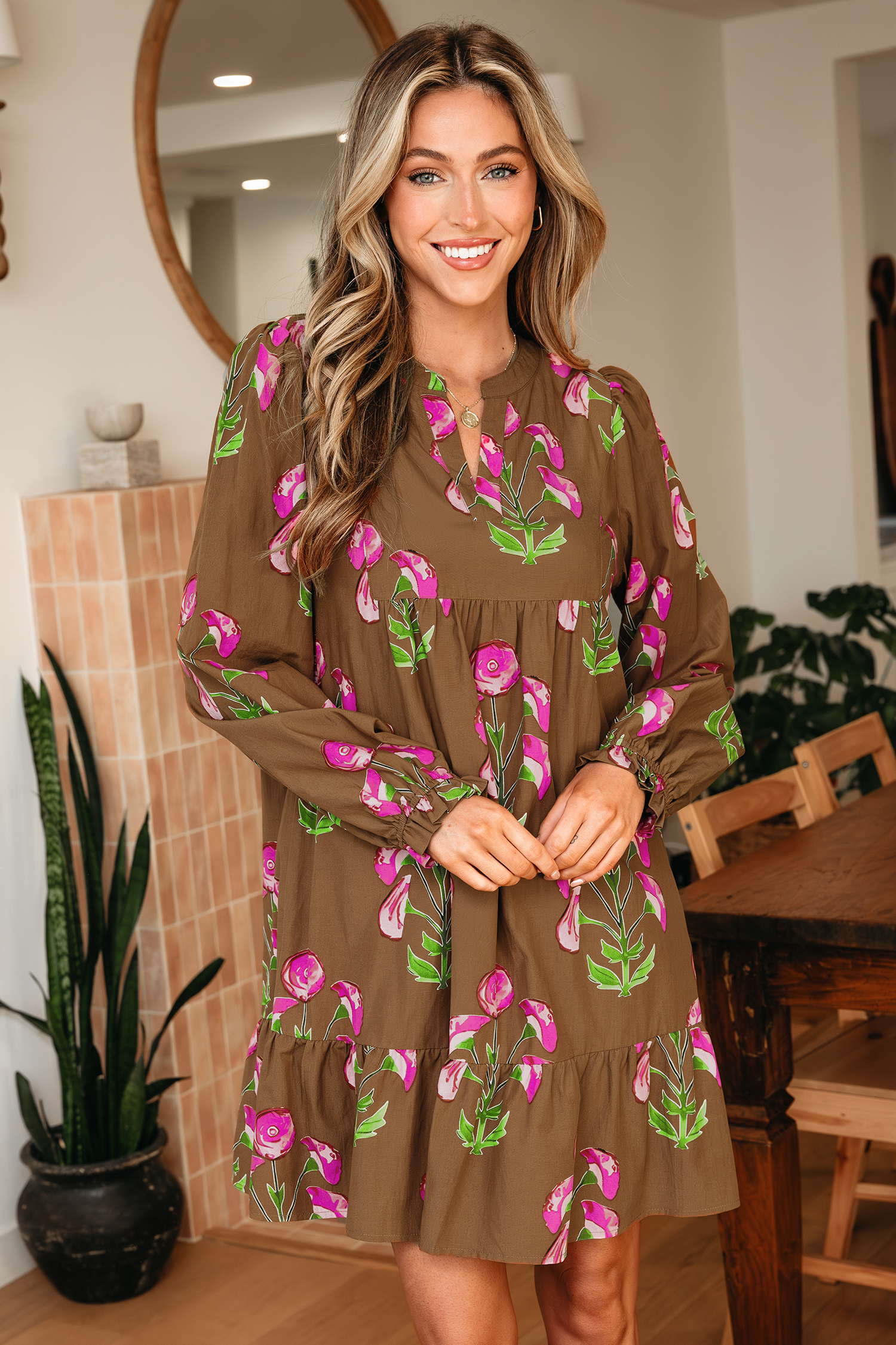 Brown Contrast Floral Print Babydoll Tunic Ruffled Hem Puff Sleeve Dress - loveforevers