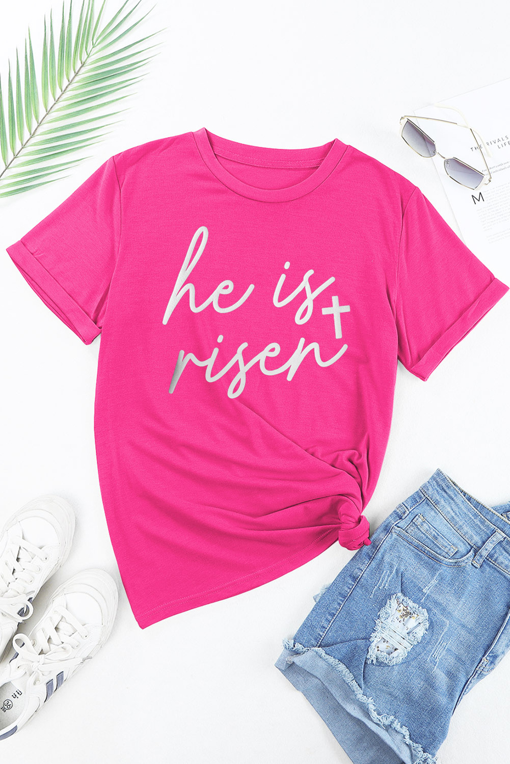 Rose Red Glitter he is risen Cross Printed Crewneck Tee - loveforevers