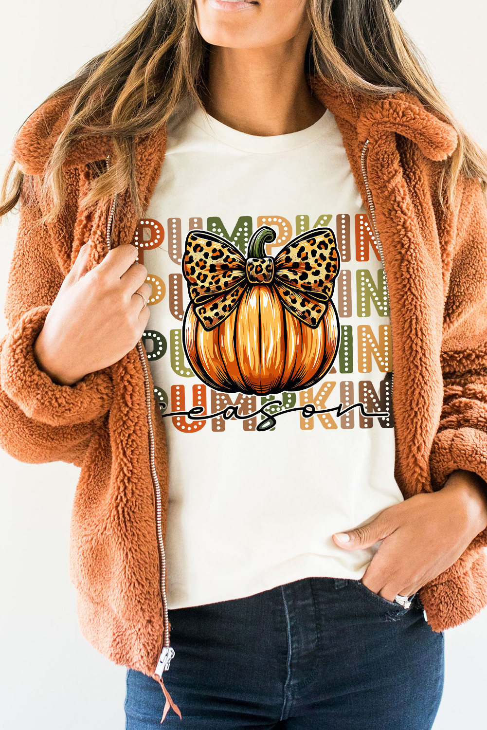 White PUMPKIN Season Leopard Bow Print Crew Neck T Shirt - loveforevers