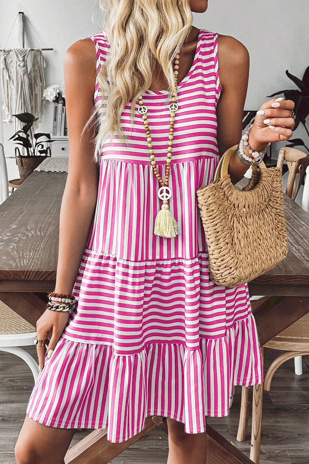 Black Stripe U Neck Sleeveless Loose Fit Mini Dress - loveforevers