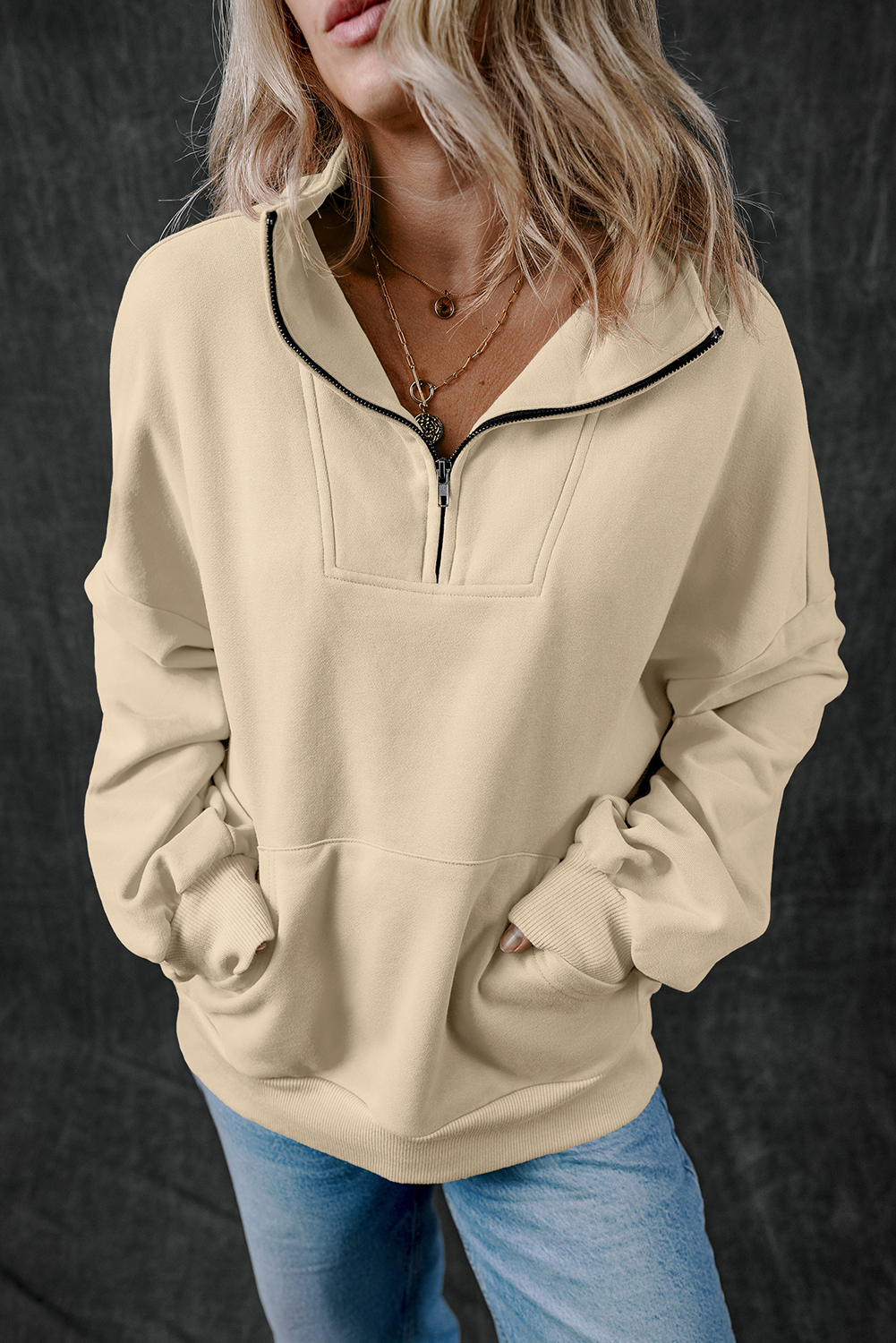 Bonbon Zip-up Stand Neck Kangaroo Pocket Sweatshirt - loveforevers