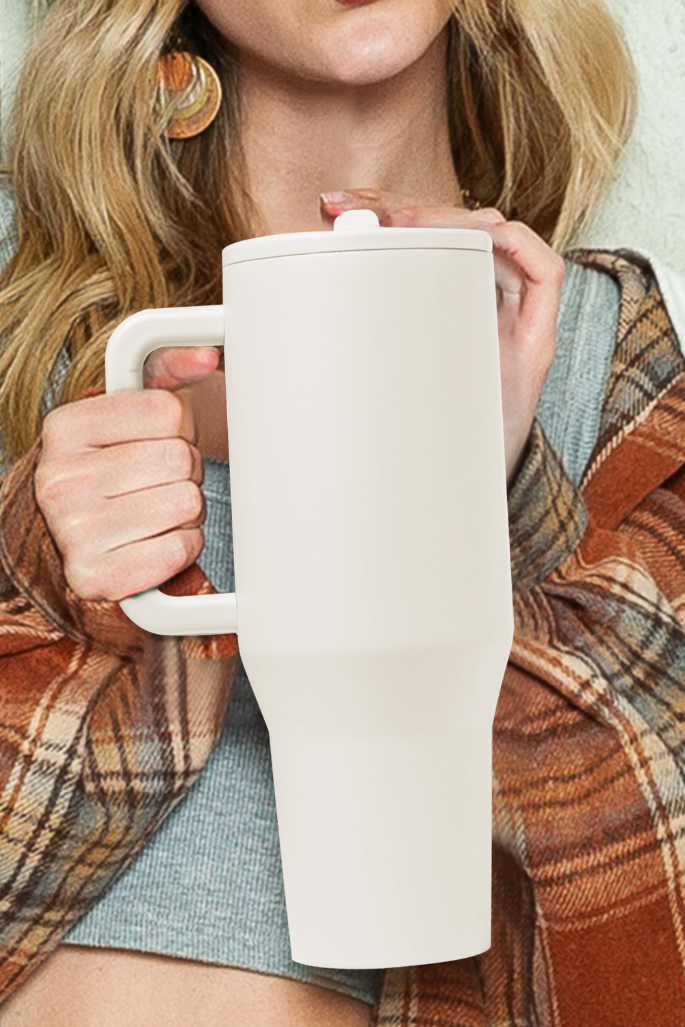 White Frosted Stainless Handle Large Vacuum Cup with Straw 40oz - loveforevers