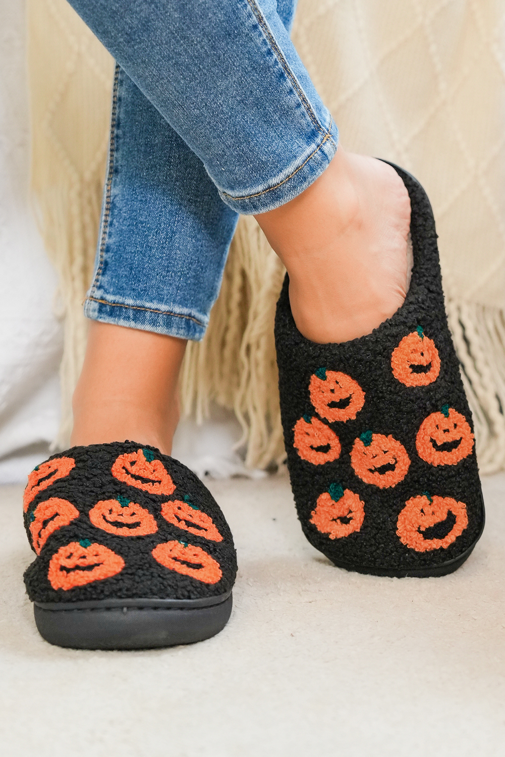 Black Halloween Pumpkin Plush Home Slippers - loveforevers