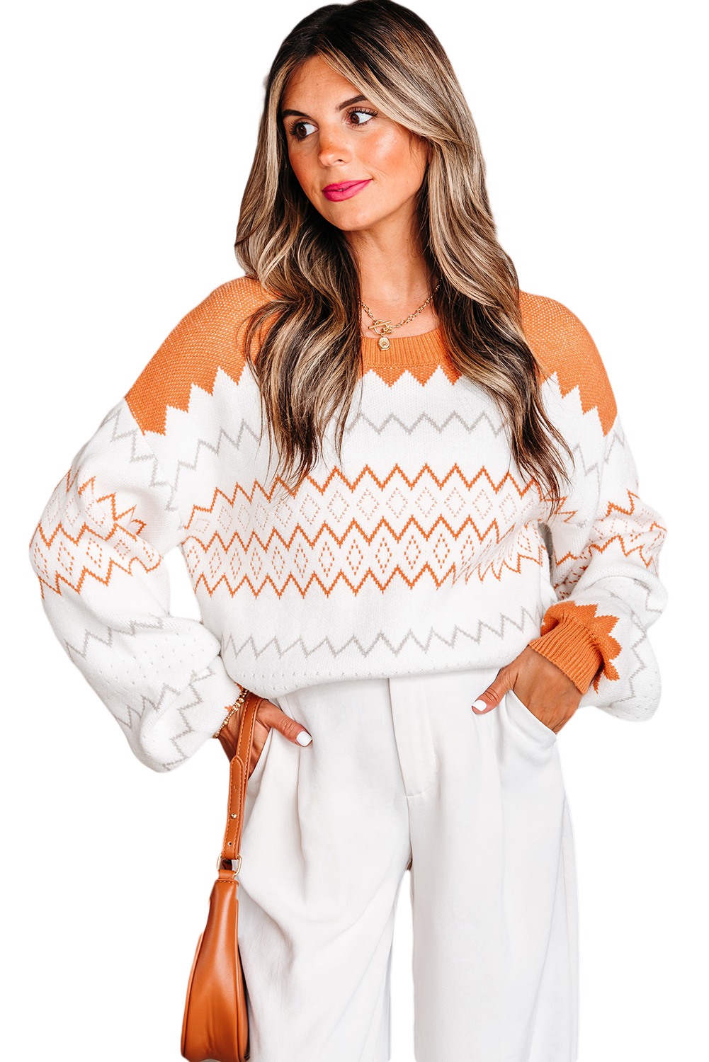 Khaki Zigzag Geometric Pattern Knitted Pullover Sweater - loveforevers
