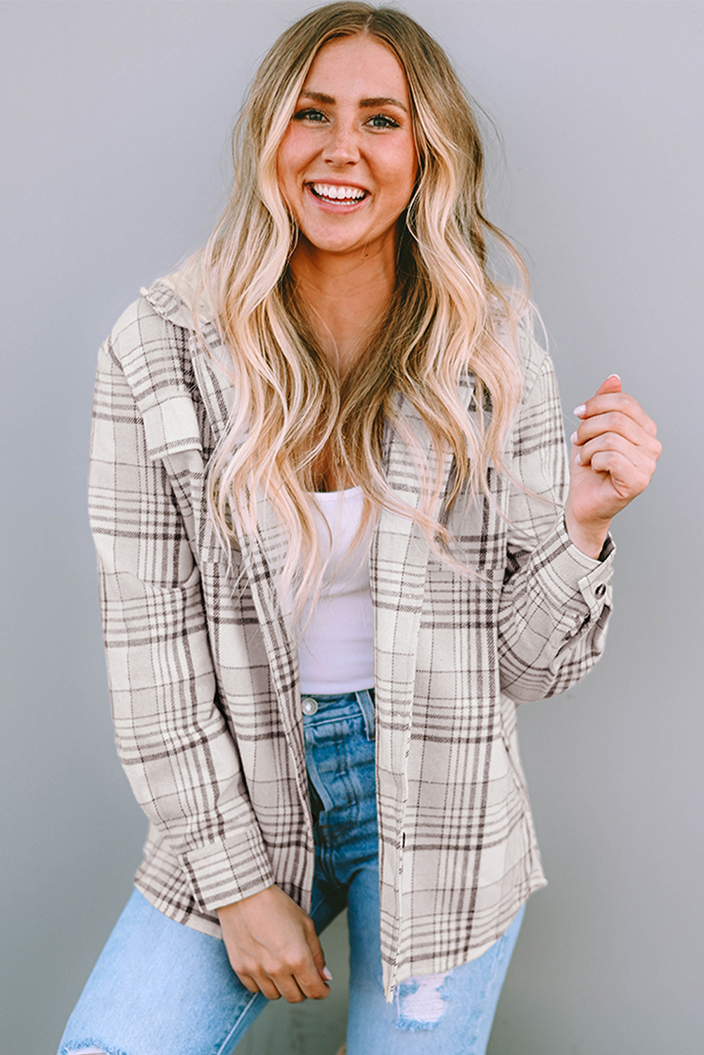 Khaki Plaid Removable Hood Buttoned Shacket - loveforevers