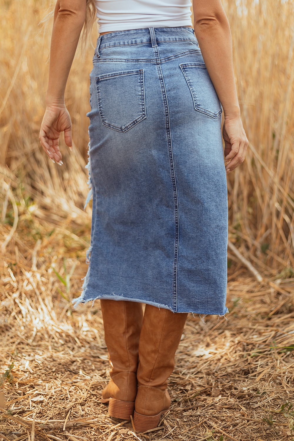 Sail Blue Dearlove Irregular Distressed Bottom Denim Midi Skirt - loveforevers