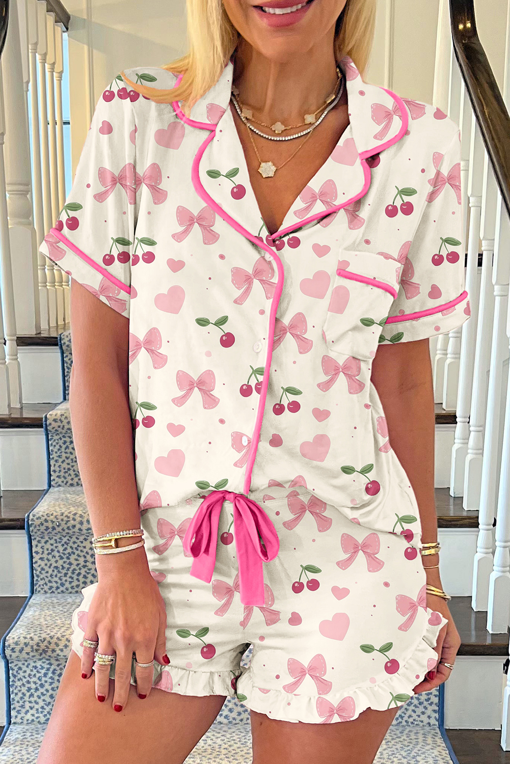 Beige Bow Fruit Print Contrast Pipping Short Pajamas Set - loveforevers