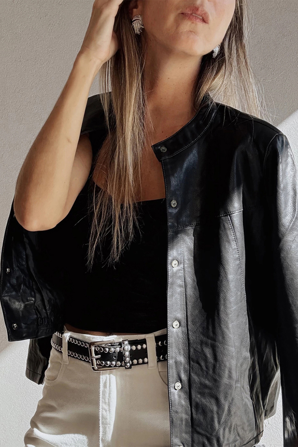 Black Faux Leather Buttoned Front Boxy Jacket - loveforevers