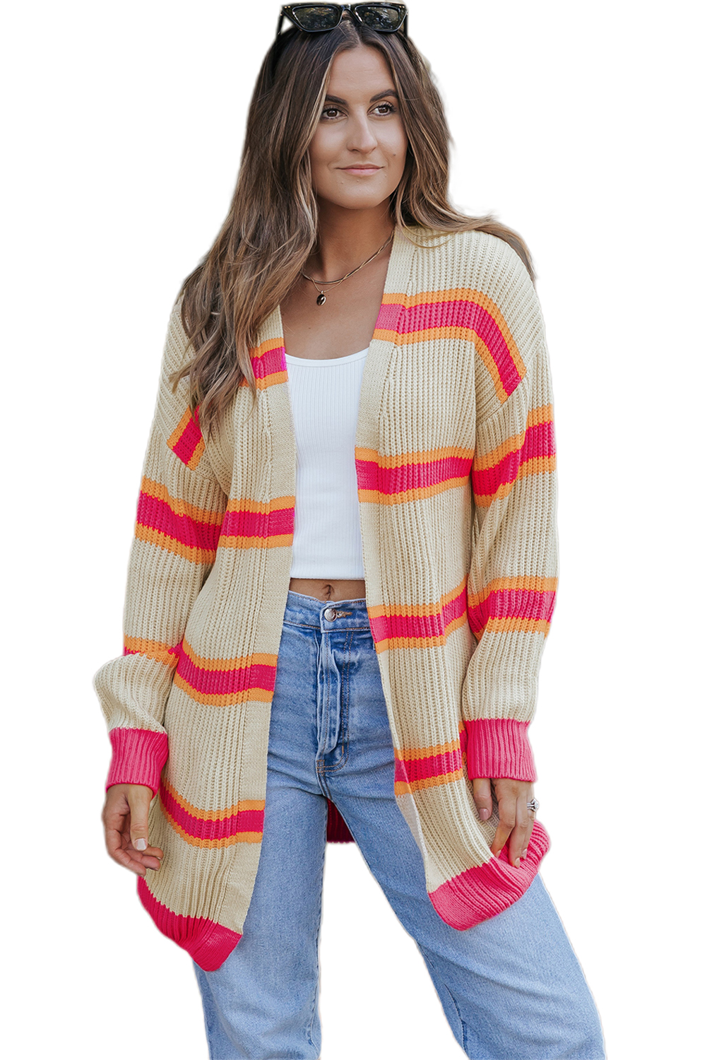Stripe Printed Ribbed Long Knitted Cardigan - loveforevers