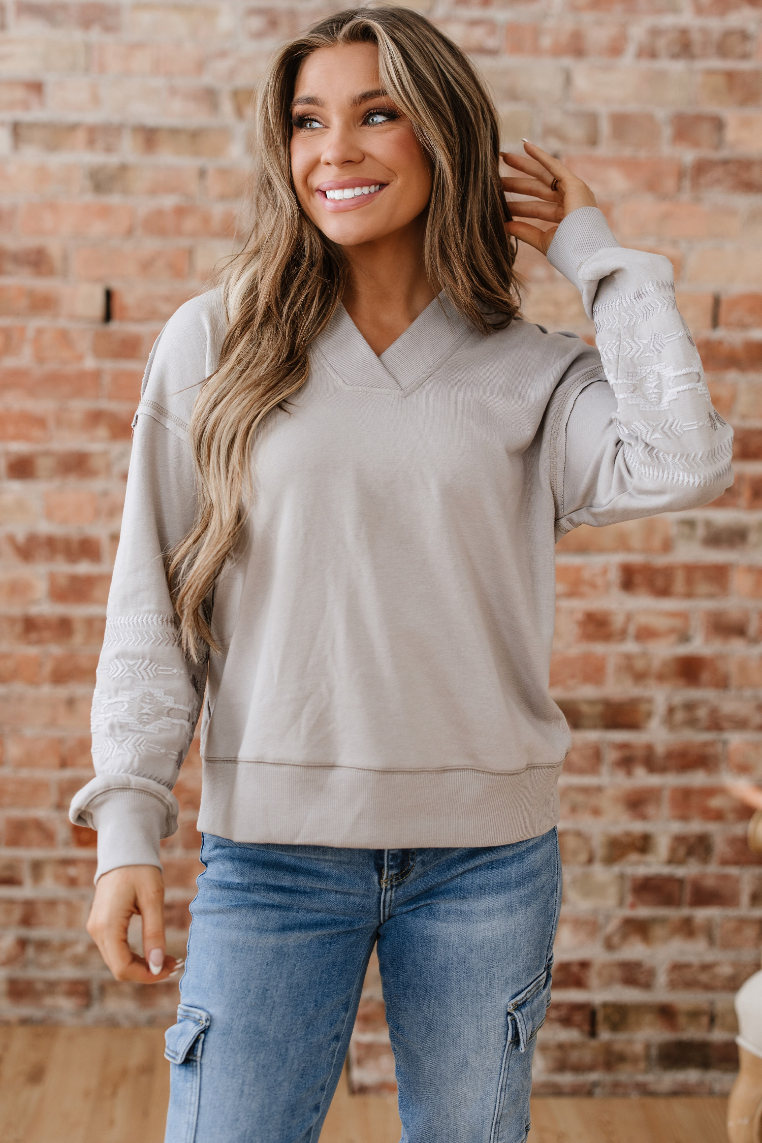 Parchment Aztec Embroidered Western V Neck Sweatshirt - loveforevers