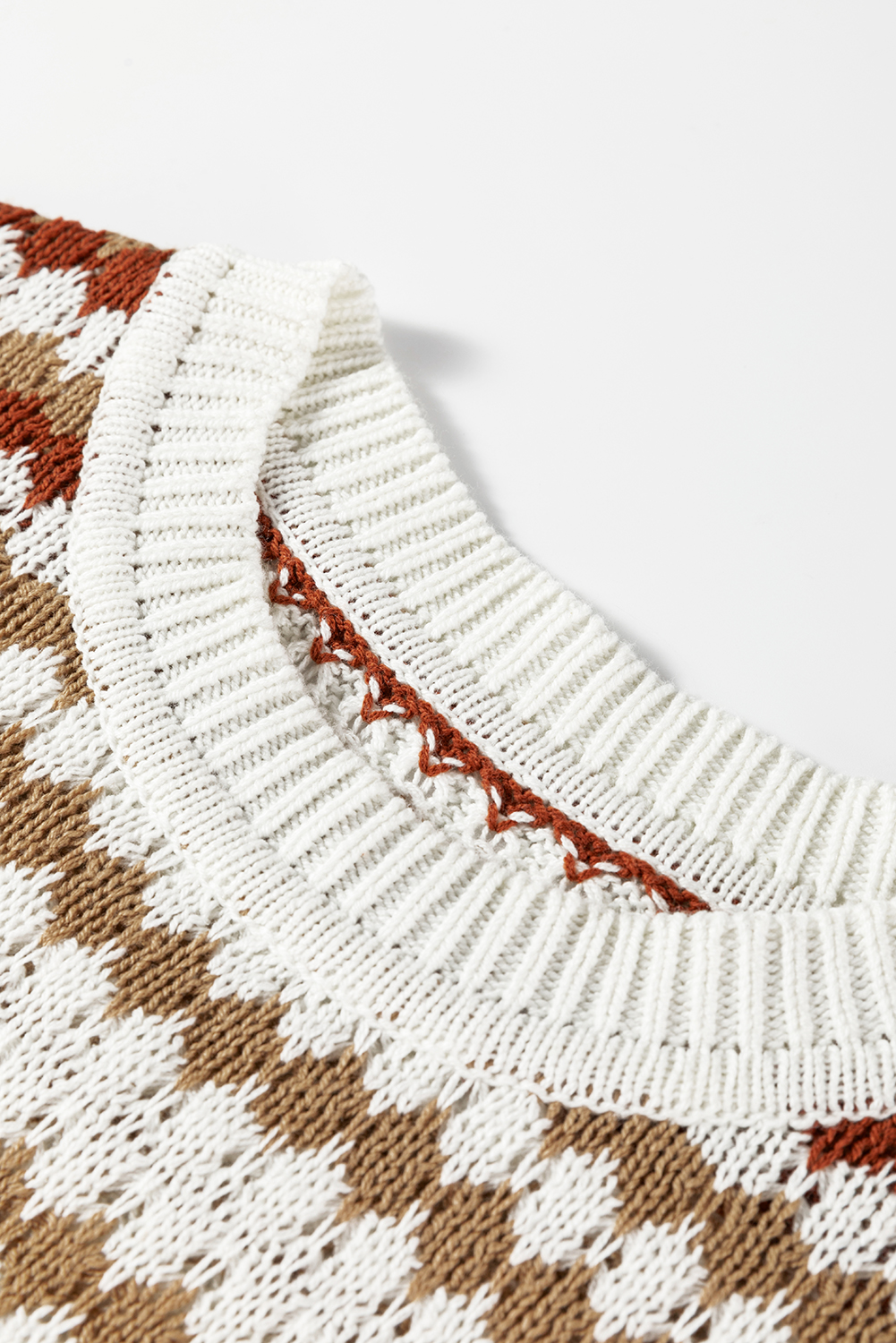 Brown Stripe Eyelet Patterned Drop Shoulder Sweater - loveforevers