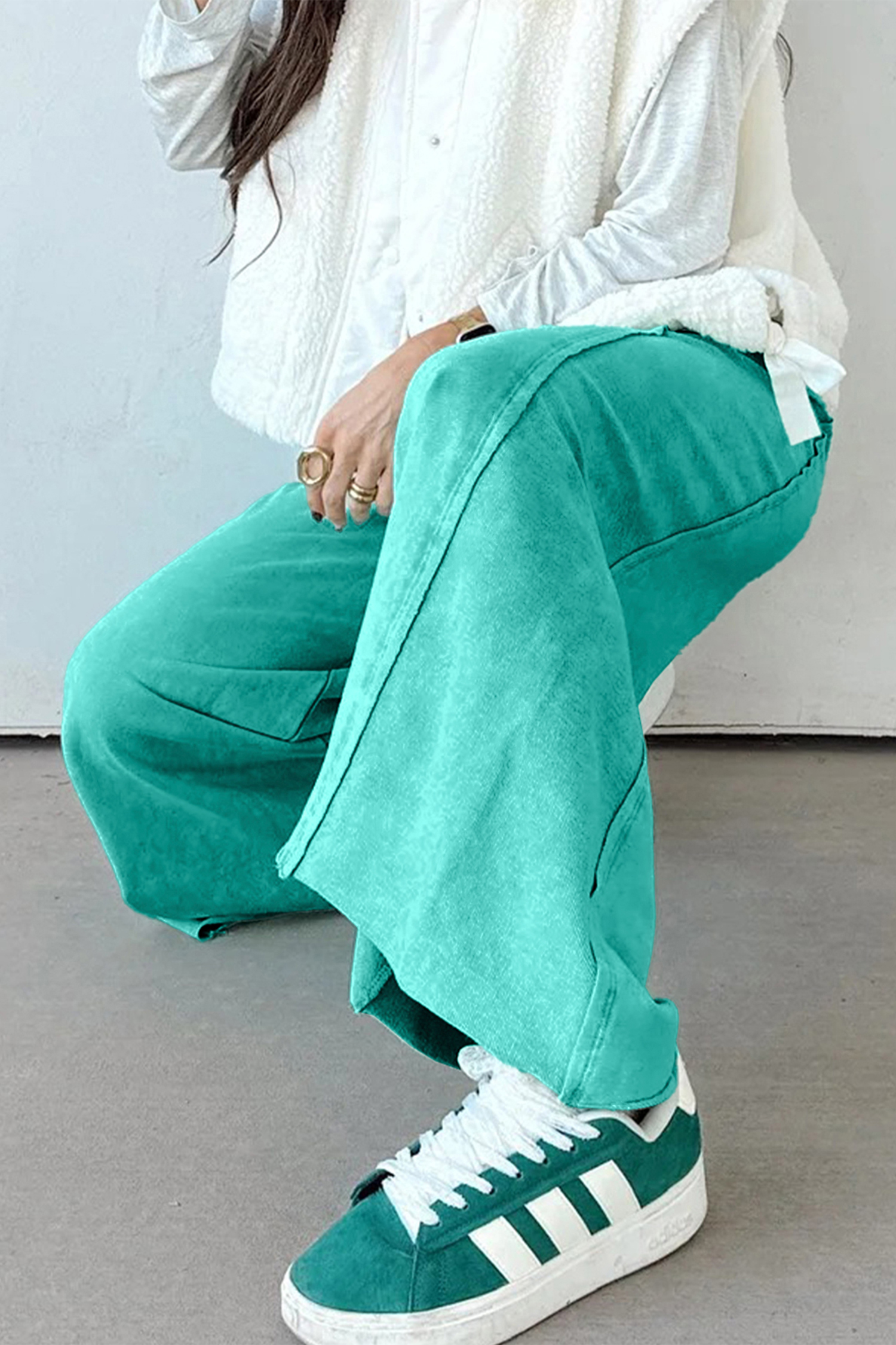 Sea Green Mineral Wash Drawstring Elastic Waist Raw Hem Loose Pants - loveforevers