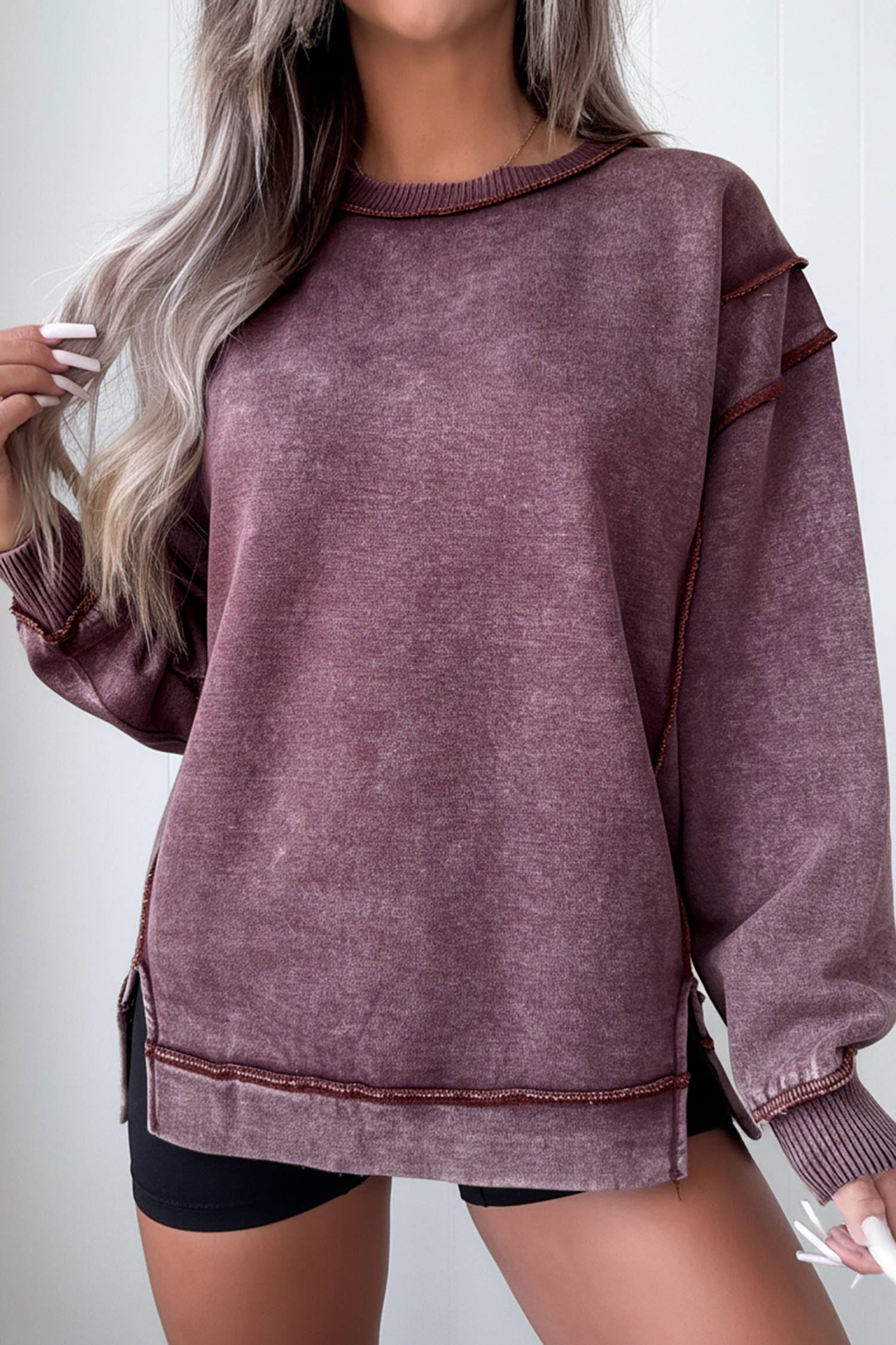 Valerian Mineral Wash Exposed Seam Side Slit Sweatshirt - loveforevers