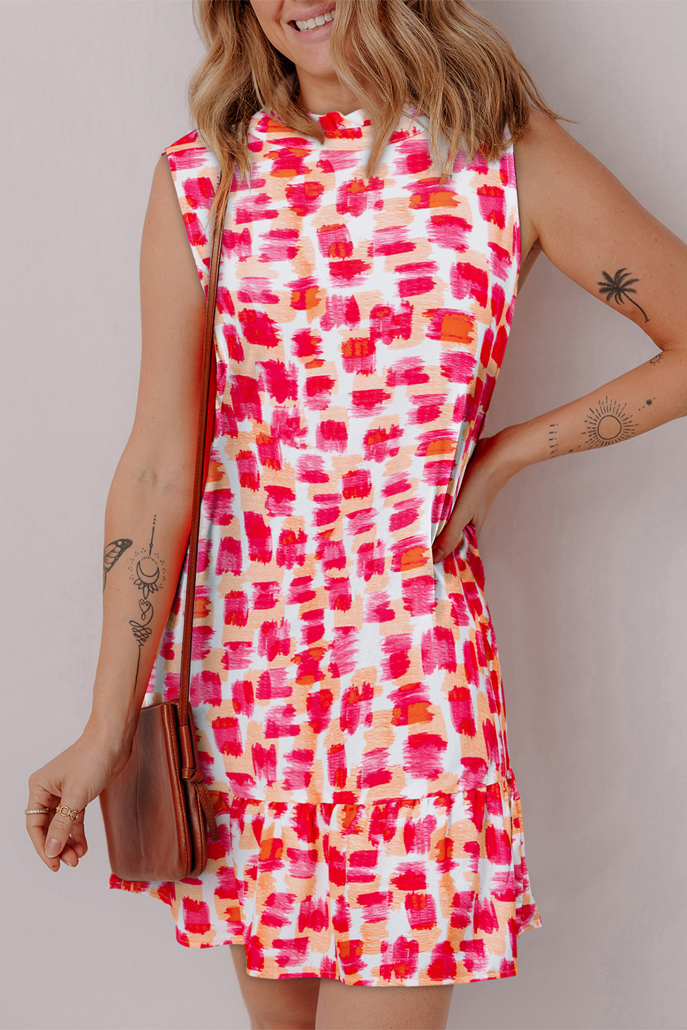 Pink Abstract Print Frilly Neck Sleeveless Mini Dress - loveforevers