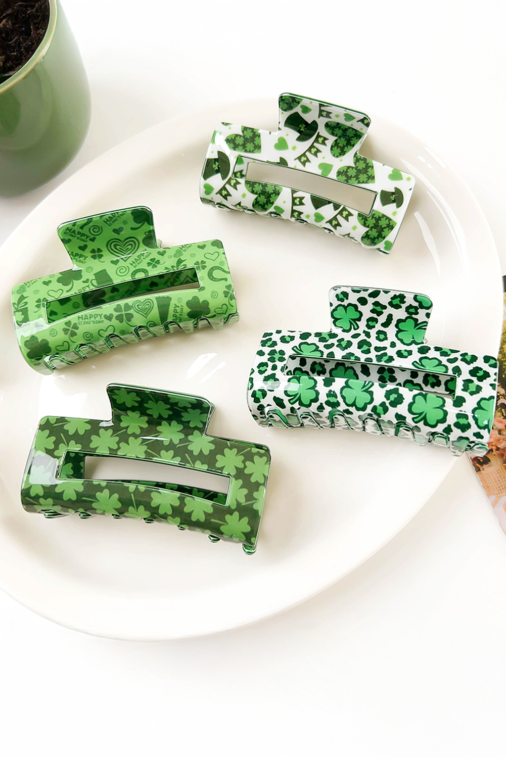 Grass Green St Patricks Clover Print Hollow Out Square Hair Clip - loveforevers