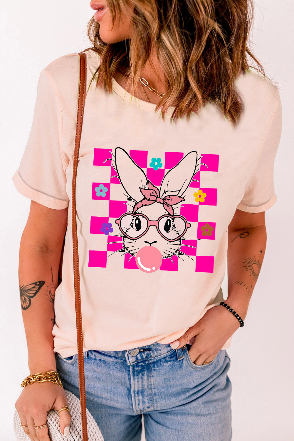 White Rabbit Bow Knot Print Crew Neck T Shirt - loveforevers