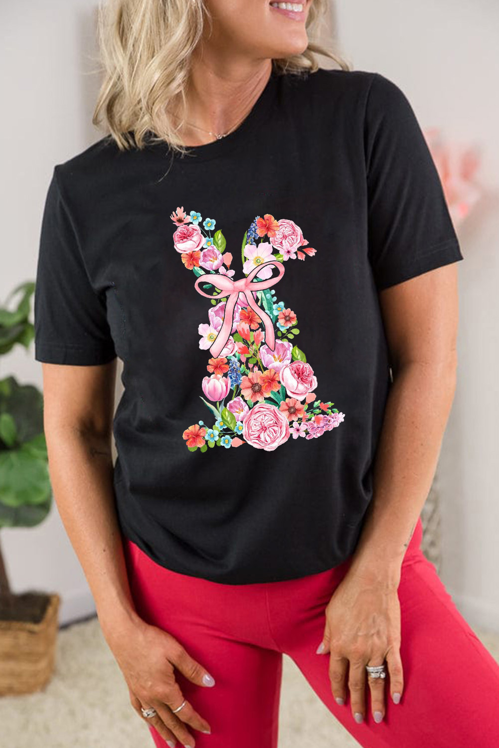 Black Floral Rabbit Graphic Easter Fashion Tee - loveforevers