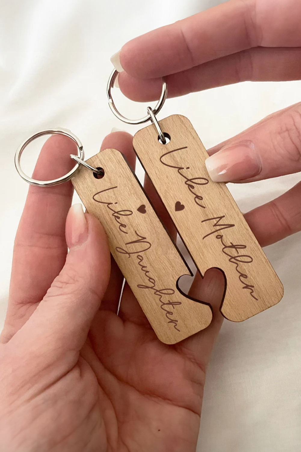 Light French Beige Like Mother Like Daughter Wooden Pendent with Self-assembled Key Ring - loveforevers