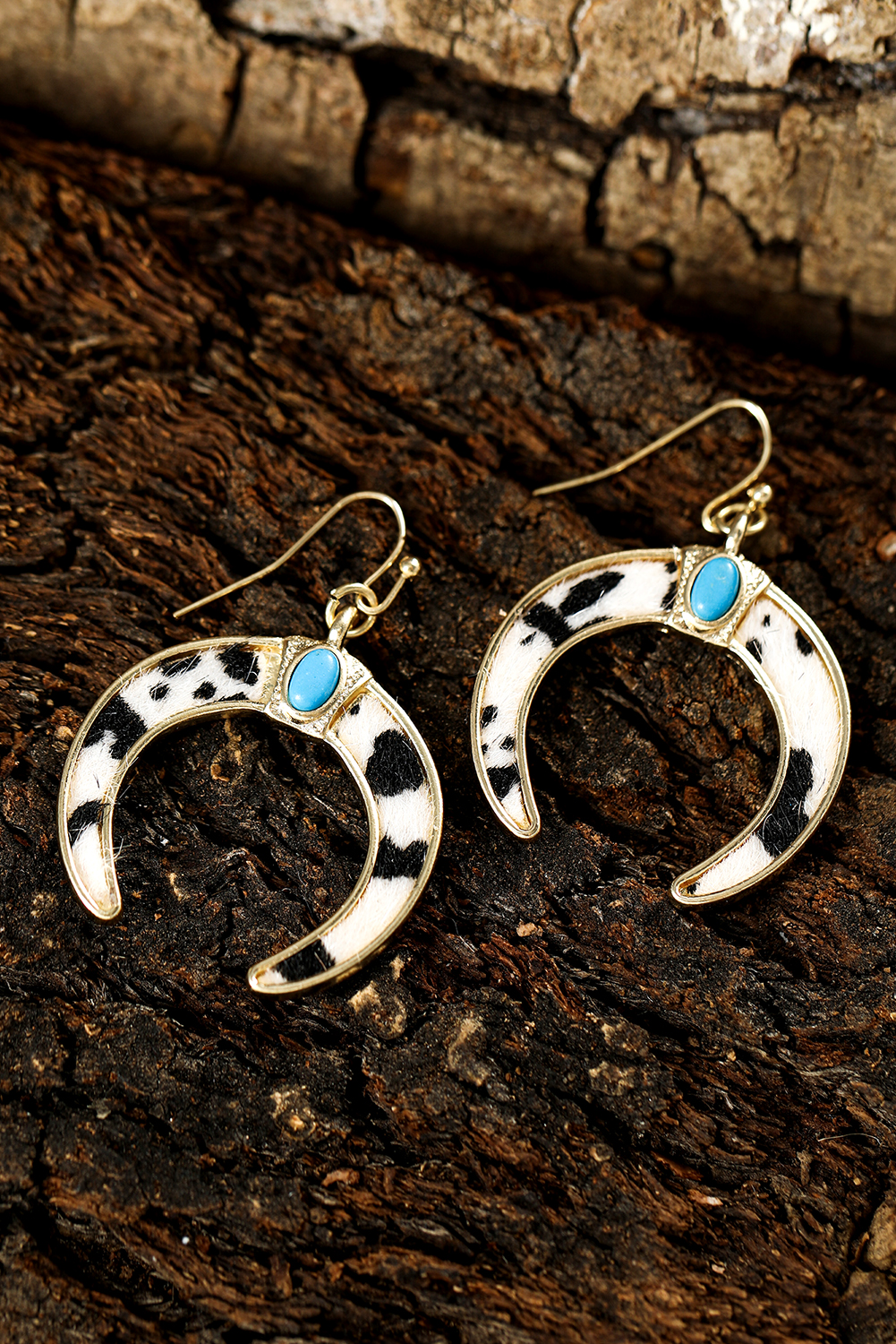 Black Cow Print Turquoise Inlay Crescent Shaped Dangle Earrings - loveforevers