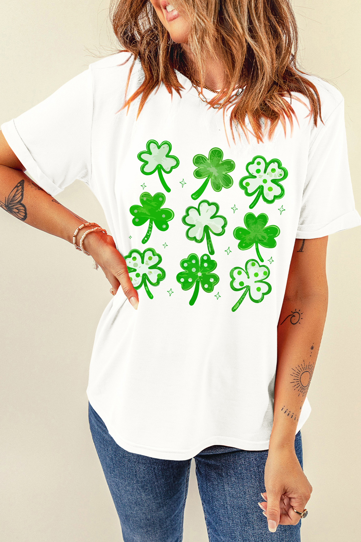 White Diverse Clover Print St Patricks Day T Shirt - loveforevers