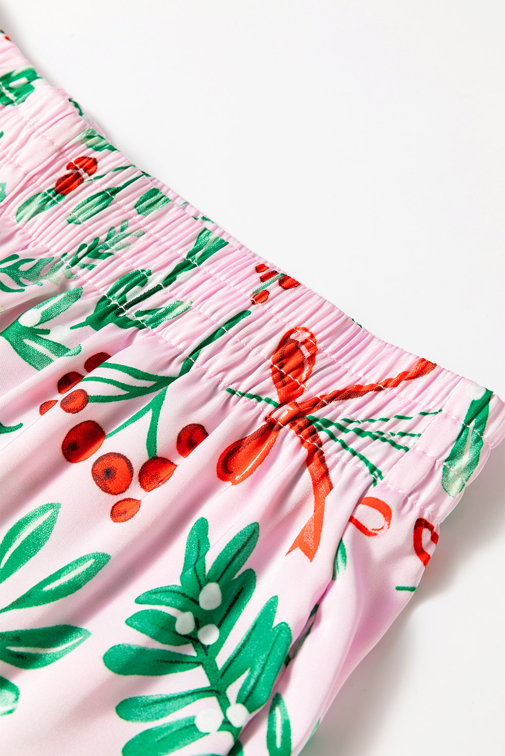 Pink Christmas Berries Plant Print Satin Long Sleeve Pajama Set - loveforevers