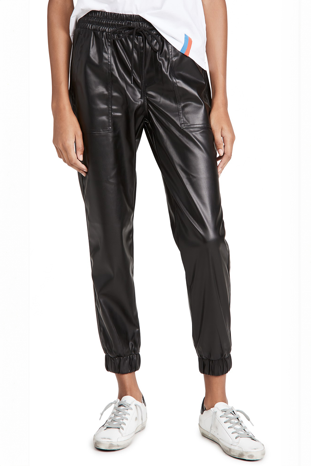 Black Faux Leather Ankle Smocked Waist Drawstring Joggers - loveforevers