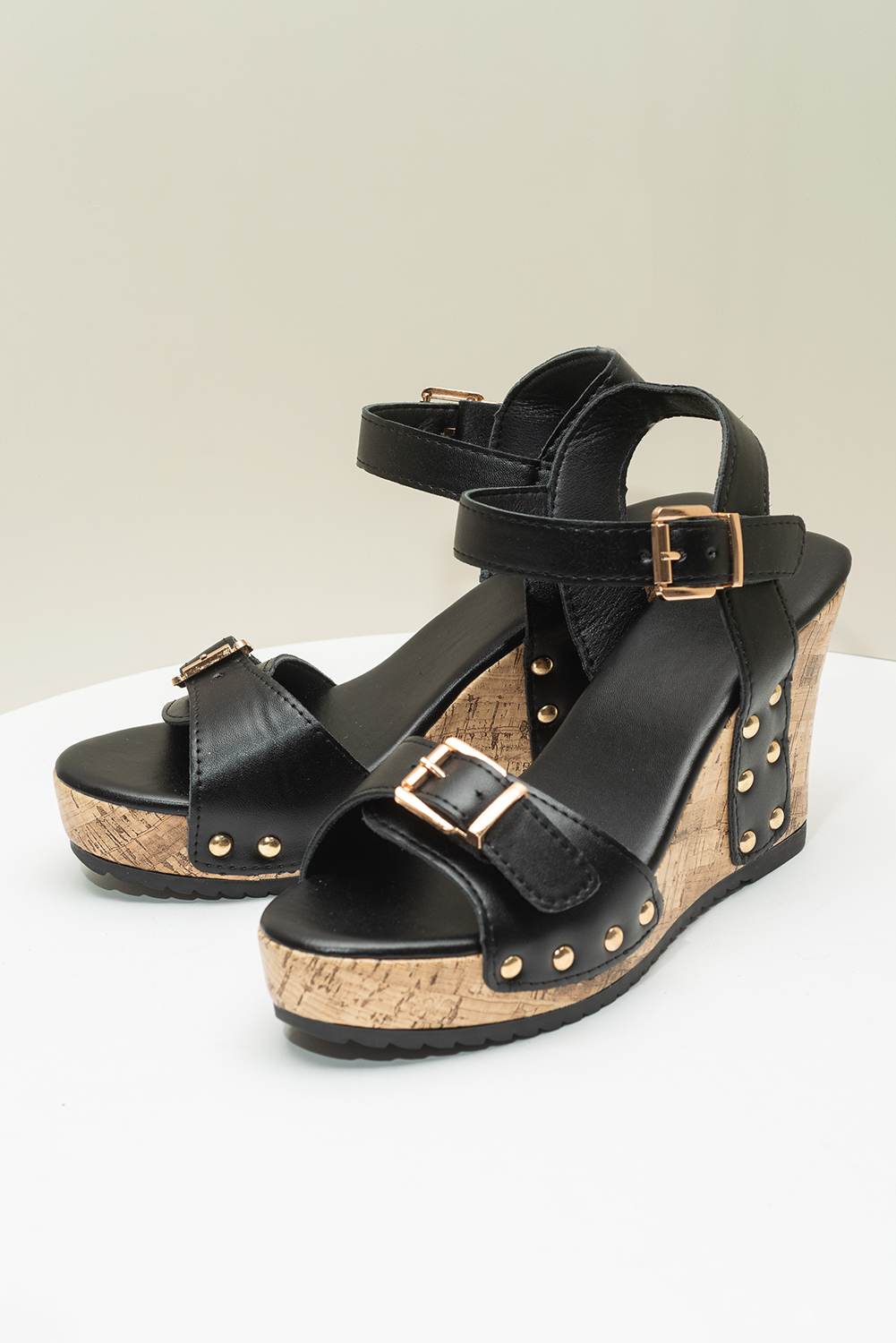 Black Rivet Buckle Closure Wedge Sandals - loveforevers
