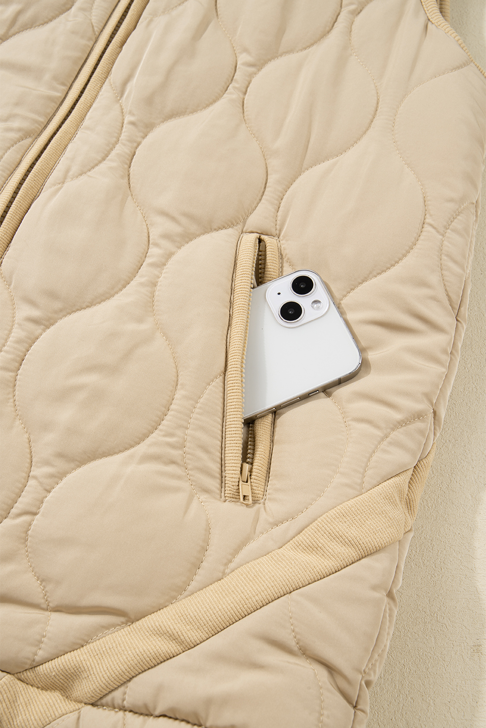 Pale Khaki Quilted Padded Casual Winter Jacket Vest with Fleece Lining - loveforevers