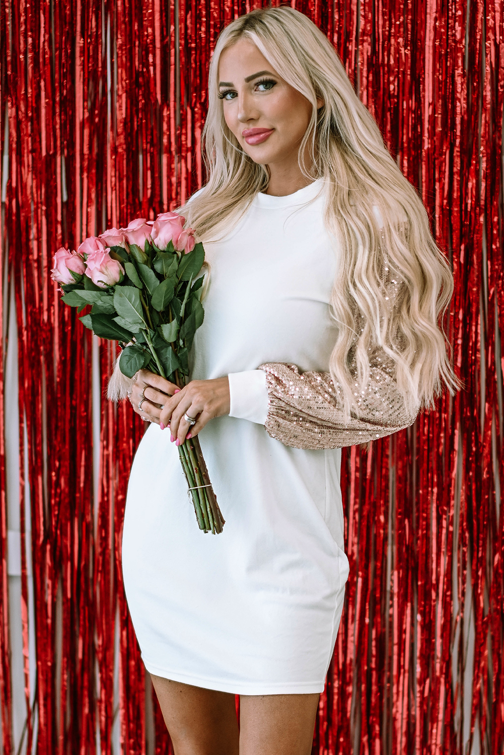 White Sequin Puff Sleeve Shift Mini Dress - loveforevers