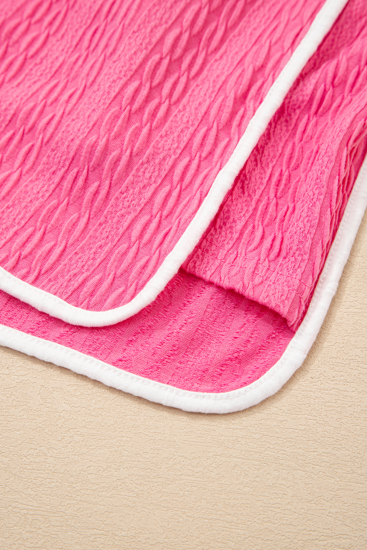Bright Pink Textured Color Block Trim Loose Tee Drawstring Shorts 2pcs Set - loveforevers