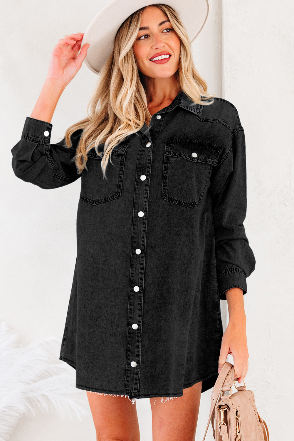 Blue Beau Chest Pocket Raw Hem Denim Loose Shirt Dress - loveforevers