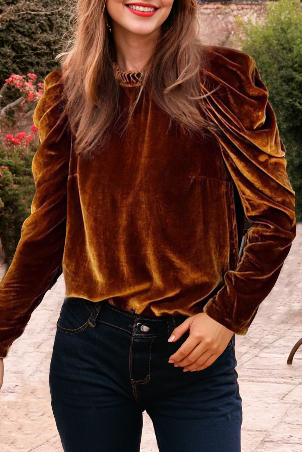 Chestnut Frilled Collar Puff Sleeve Velvet Top - loveforevers