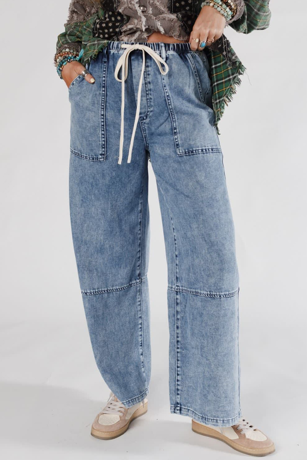 Ashleigh Blue Acid Wash Exposed Seam Drawstring Elastic Waistband Jeans - loveforevers