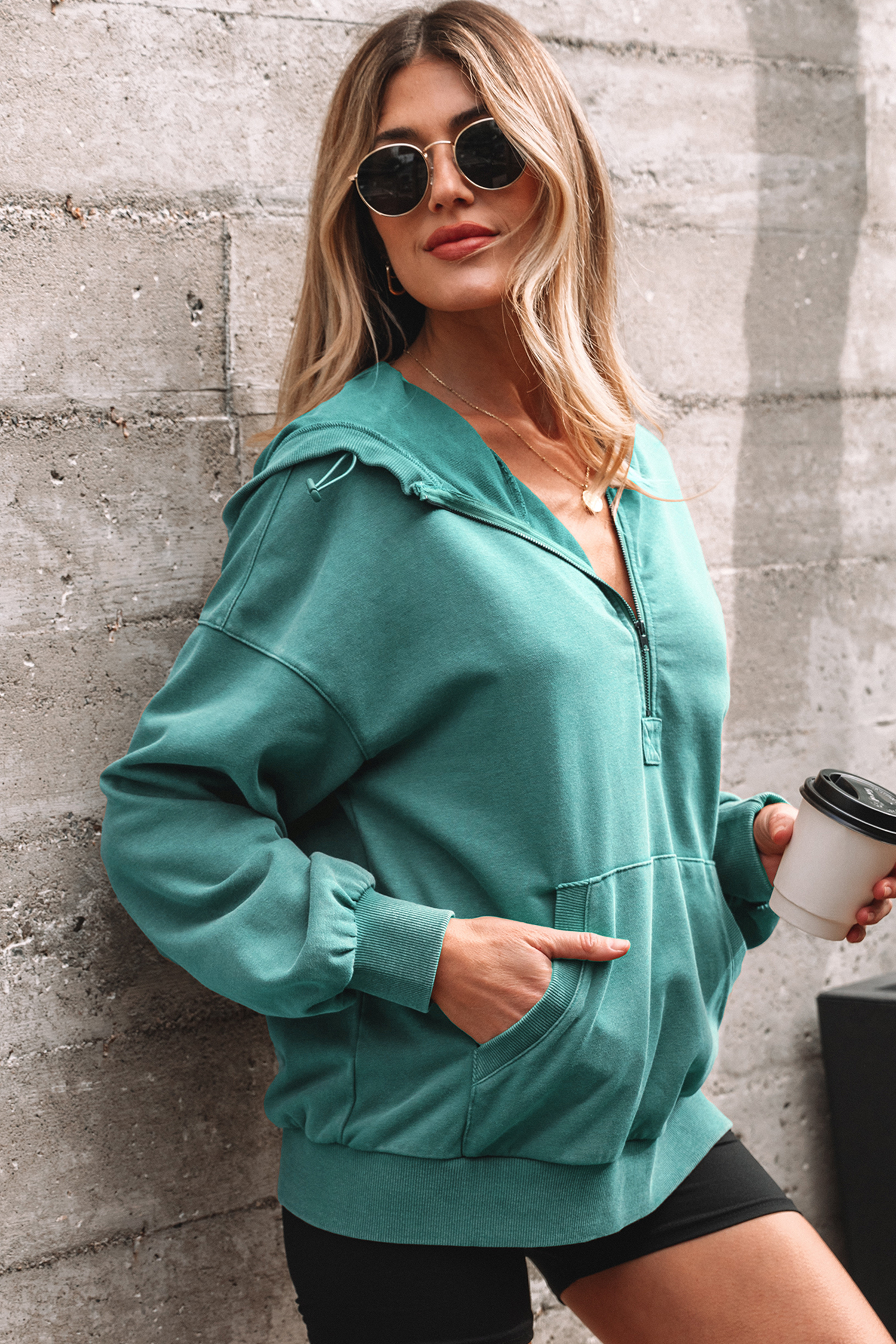 Canton Half Zip Kangaroo Pocket Mineral Wash Baggy Hoodie - loveforevers
