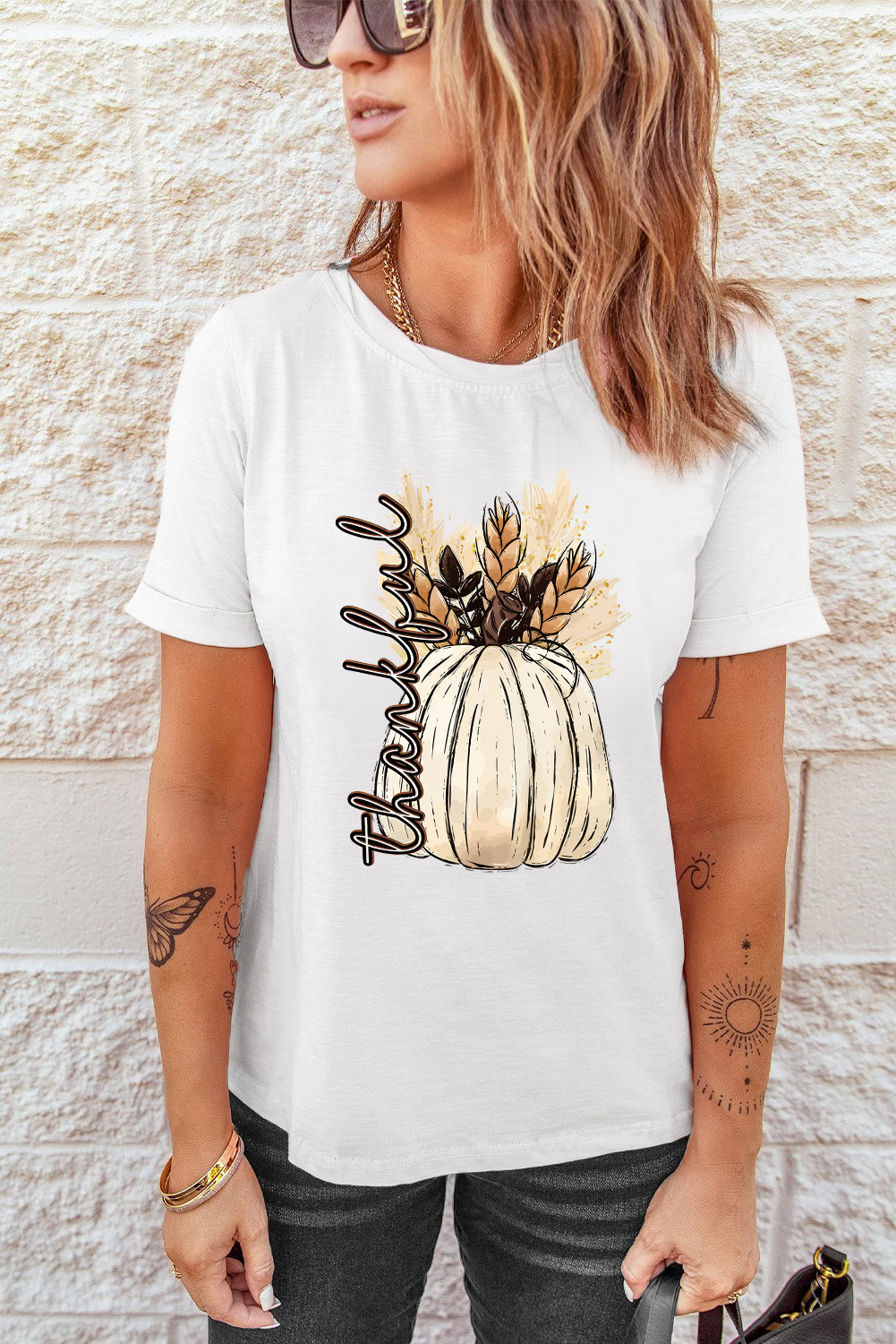 White Harvest Pumpkin Graphic Thanksgiving Tee - loveforevers