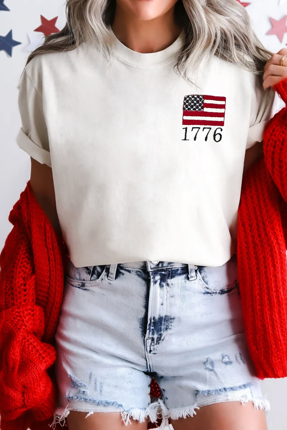 White American Flag 1776 Embroidered Pattern Crew Neck Tee - loveforevers