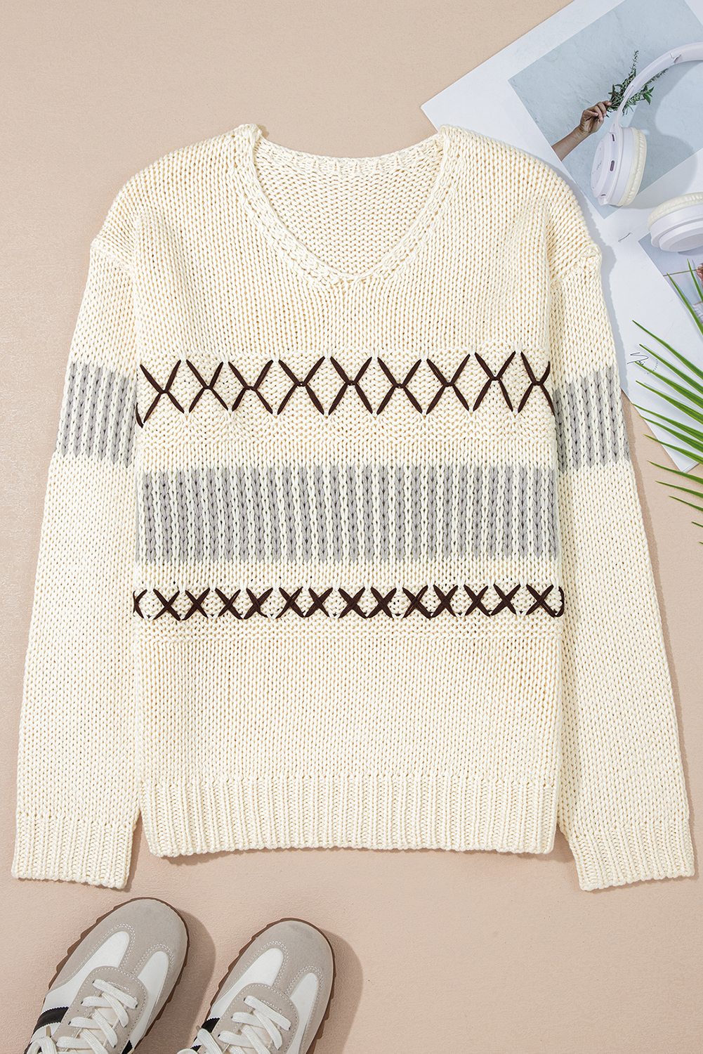 Parchment Contrast Stitch Detail V Neck Drop Shoulder Sweater - loveforevers