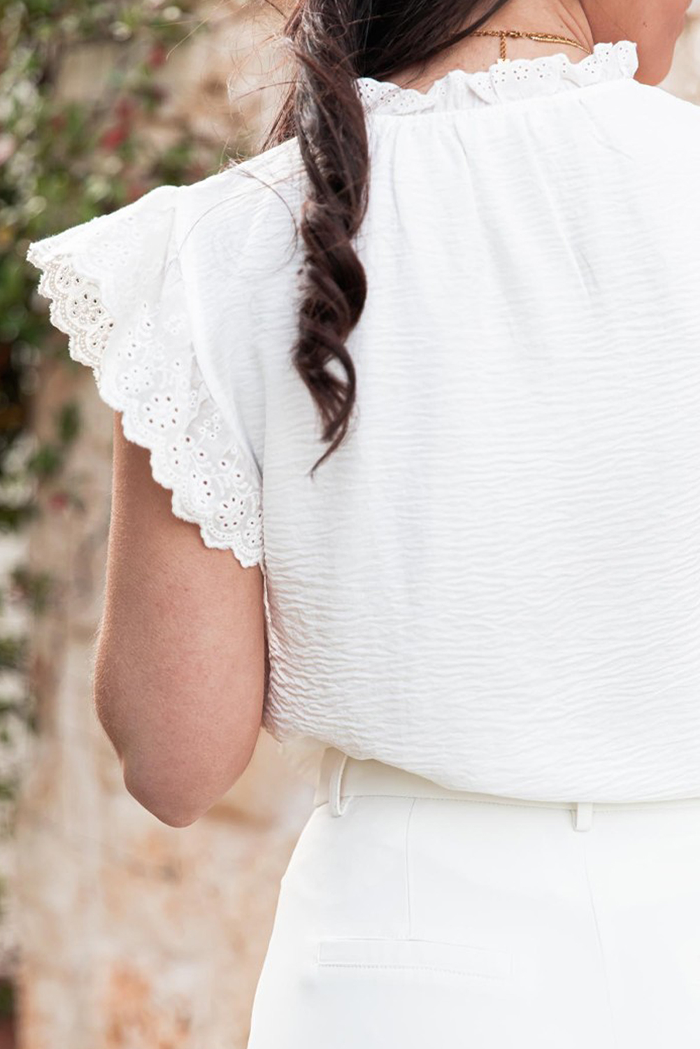 White Embroidered Ruffle Trim Textured Blouse - loveforevers